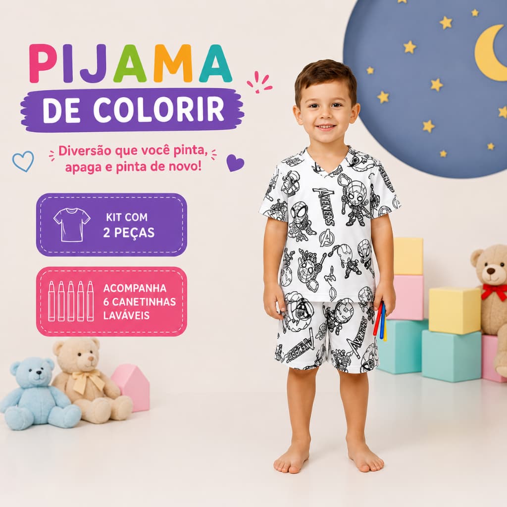 Pijama de Colorir Infantil Menino Kit 2 Lavável + 6 Canetinhas Soft Suede Manga Curta Presente