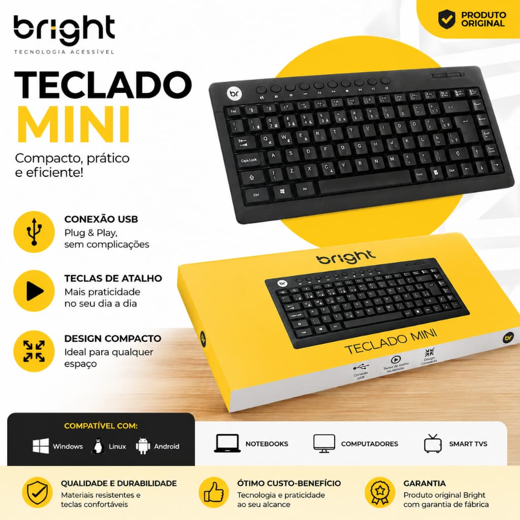 Teclado Mini Bright USB Compacto Multimídia Plug & Play para PC Notebook
