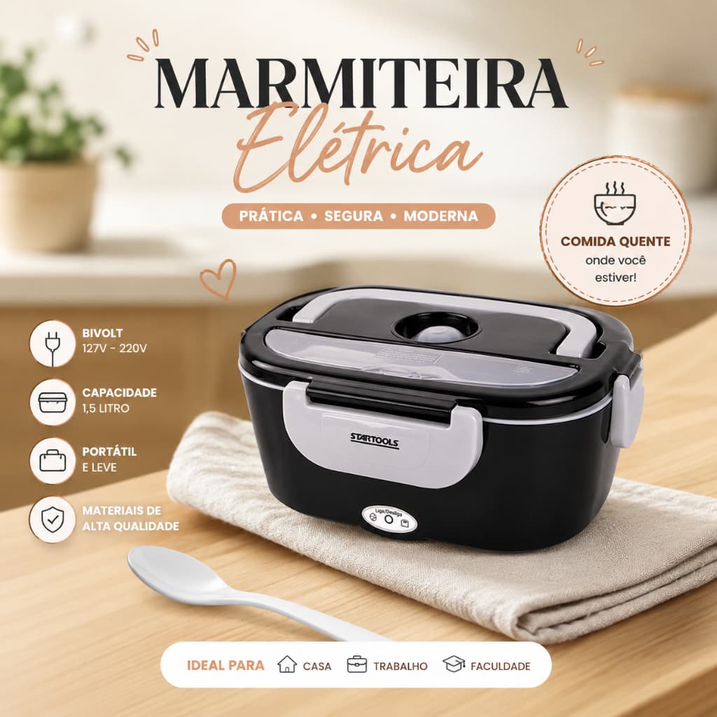 Marmiteira Elétrica Portátil Bivolt 1,5L | Esquenta Sem Água | Marmita Térmica Elétrica Compacta