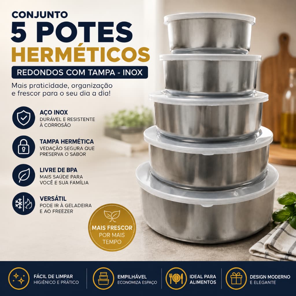 Kit 5 Potes Herméticos Inox com Tampa | Conjunto Potes Hermeticos Redondos Tampa Silicone