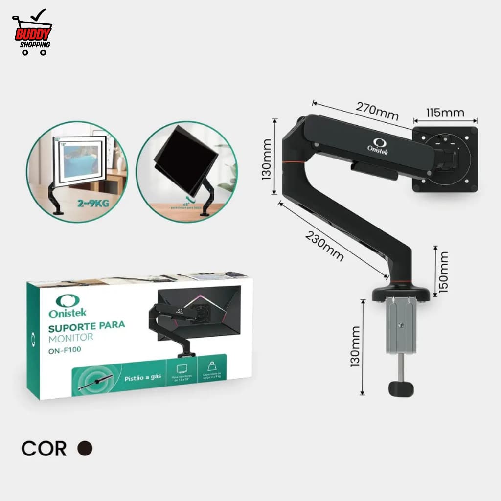 Suporte Articulado Monitor 13 a 32 Pol Pistão Gás Ergonômico VESA