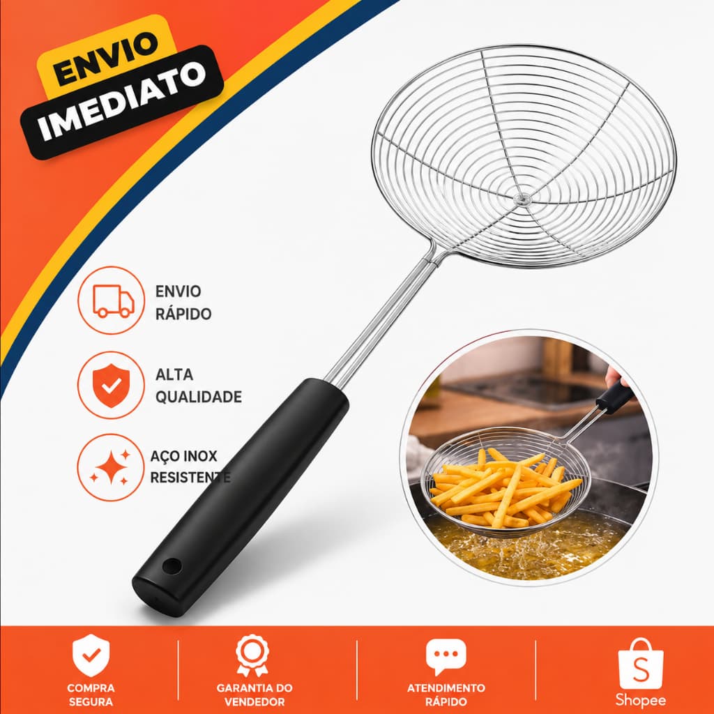 Escumadeira de Inox 34,5 x 11,5 cm com Cabo Plástico Resistente para Fritura Profissional