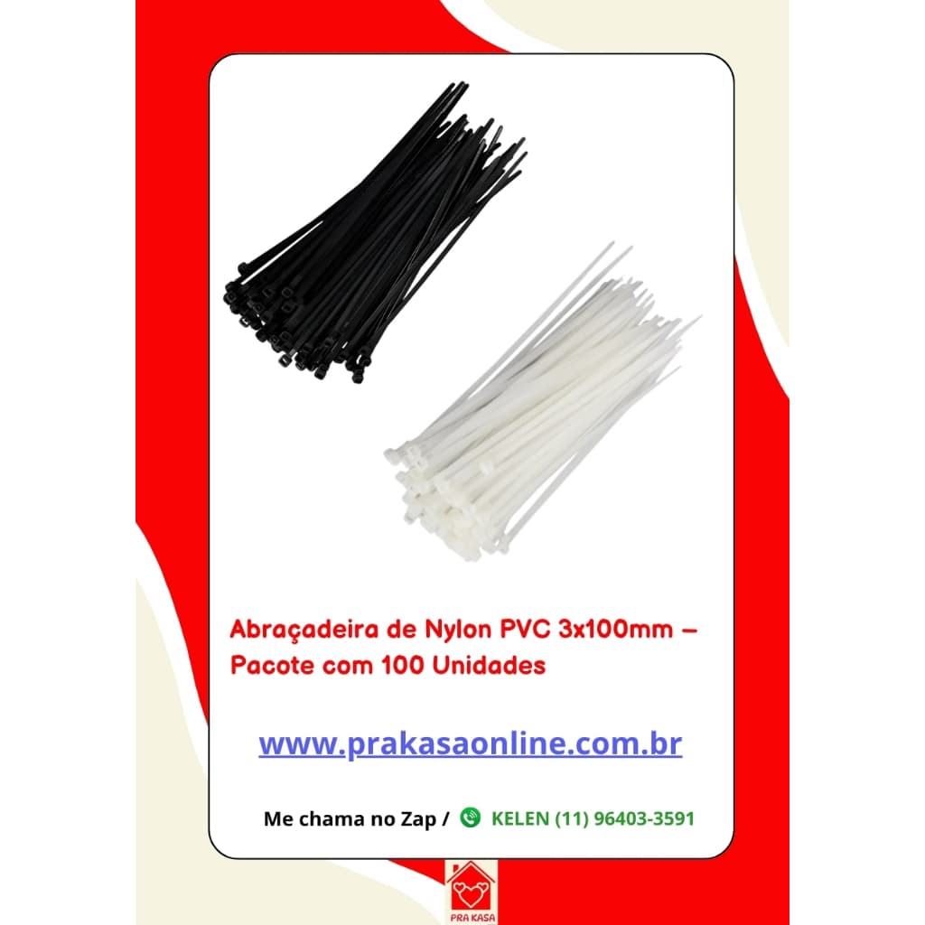 Abraçadeira de Nylon PVC 3x100mm – Pacote com 100 Unidades