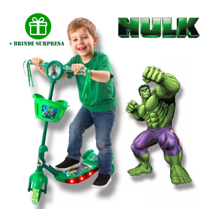 NOVO Patinete Infantil Hulk Verde Menino 3 Rodas Cesta Luzes e Música + Surpresa