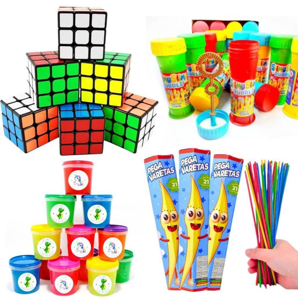 Kit 100 Brinquedos Infantil p/ Lembrancinha Prenda Festa Junina Barato Atacado Cubo Mágico Bolha Pega