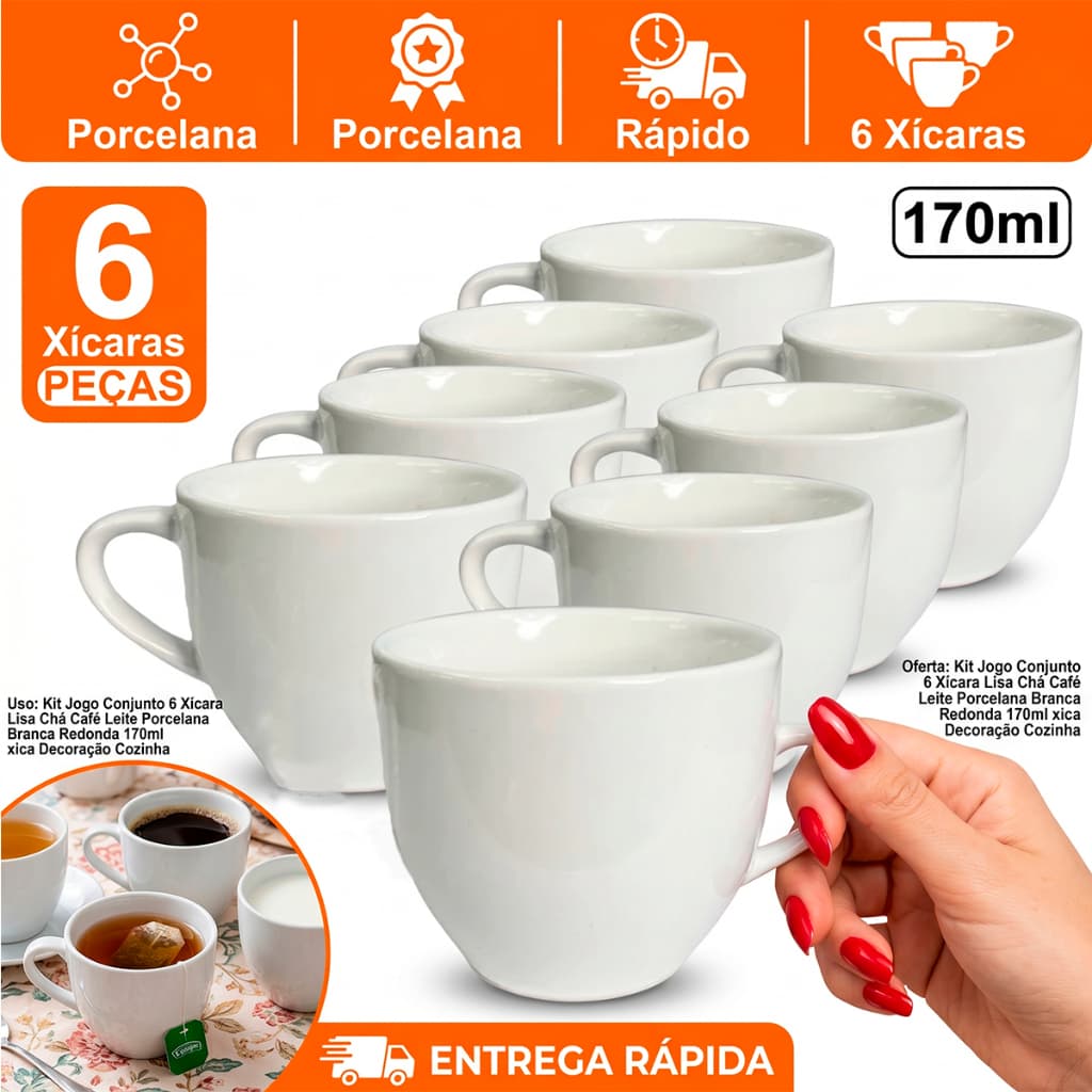 Kit jogo 6 Xícaras Chá Café Leite de Porcelana Branca Redonda 170ml xicara Caneca Decoração Cozinha
