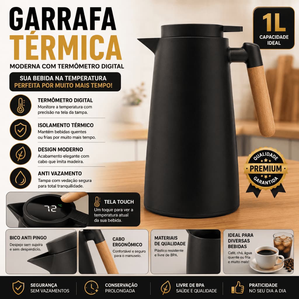 Garrafa Térmica Moderna com Termômetro Digital LED 1L Cabo Madeira Água Café e Chá