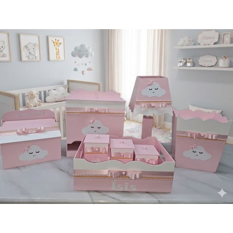 kit Higiene em MDF  Nuvens rosa