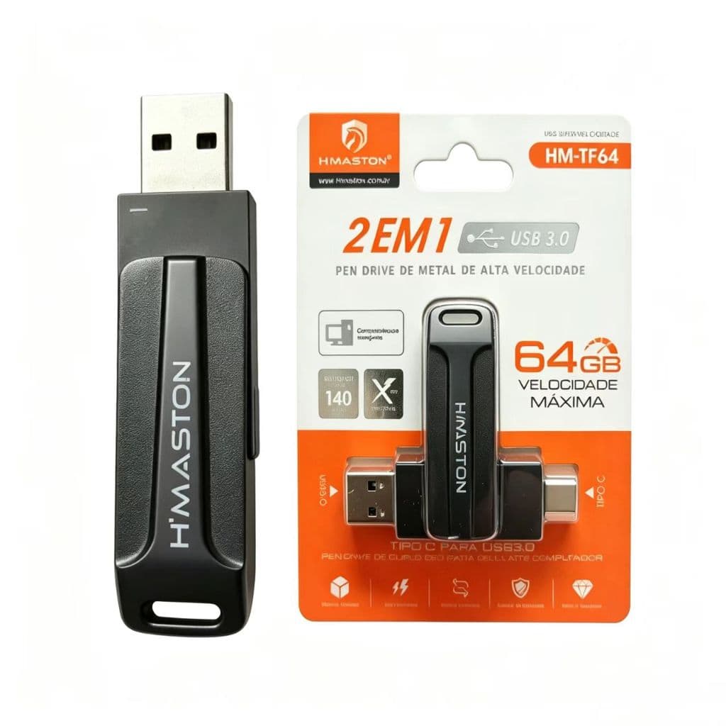 Pen Drive 2 em 1 USB 3.0 Tipo C Metal Alta Velocidade 64GB 128GB Para Celular Android e Computador