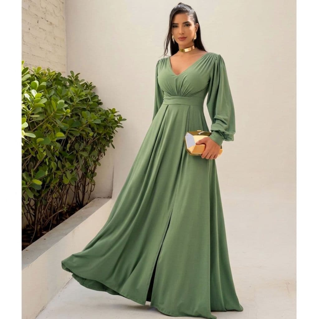 Vestido Longo Estilo Inverno Elegante Fluity com Manga Longa festa/ casamento/ formatura/ evento