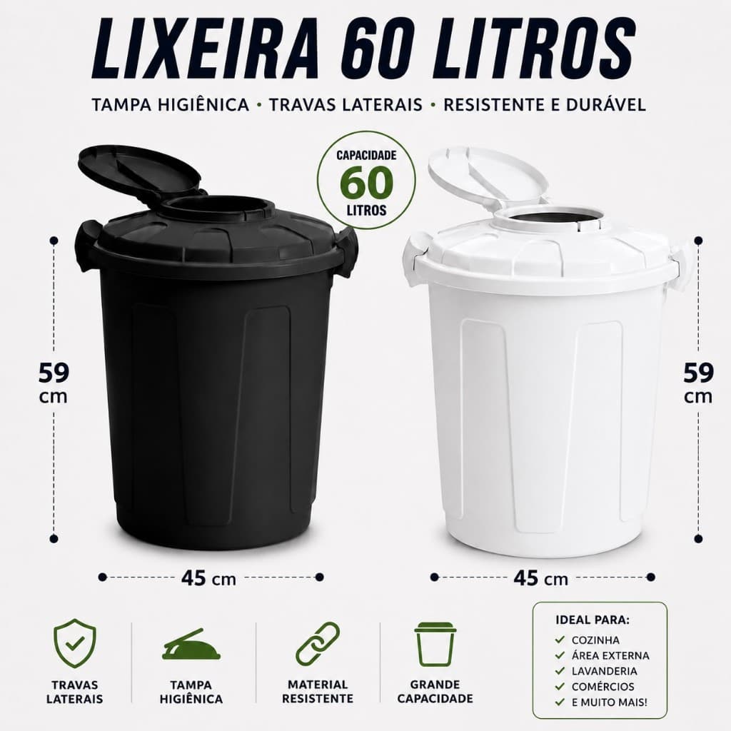 Lixeira 60 Litros Com Tampa Higiênica e Travas Laterais