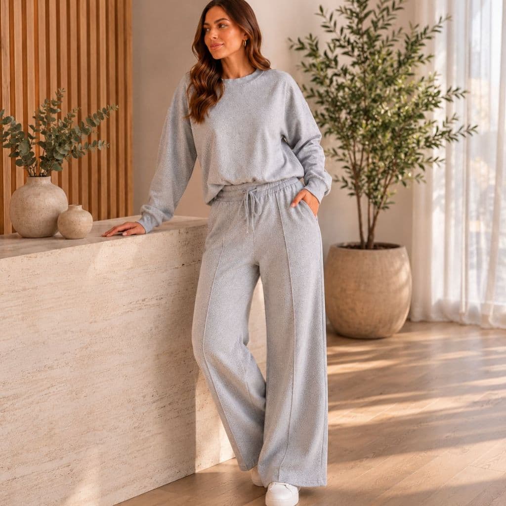Conjunto Feminino Lanzinha Ribi Canelada Calça Pantalona e Blusa Manga Longa Moda Inverno 2026