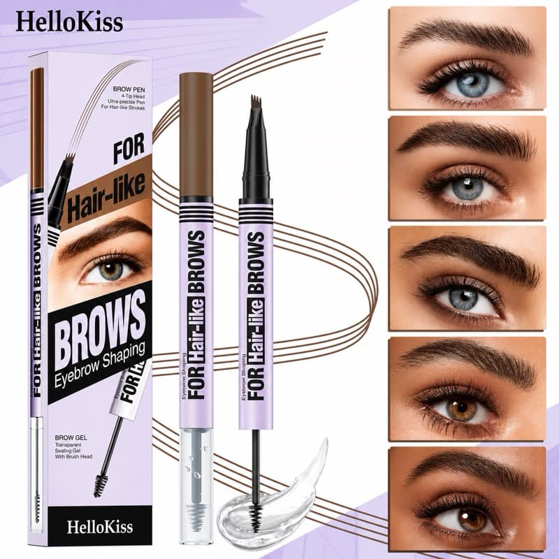 Caneta de Sobrancelha com Gel Fixador 2 em 1 Lápis Fio a Fio de Efeito Natural 4 Cores À Prova D’Água