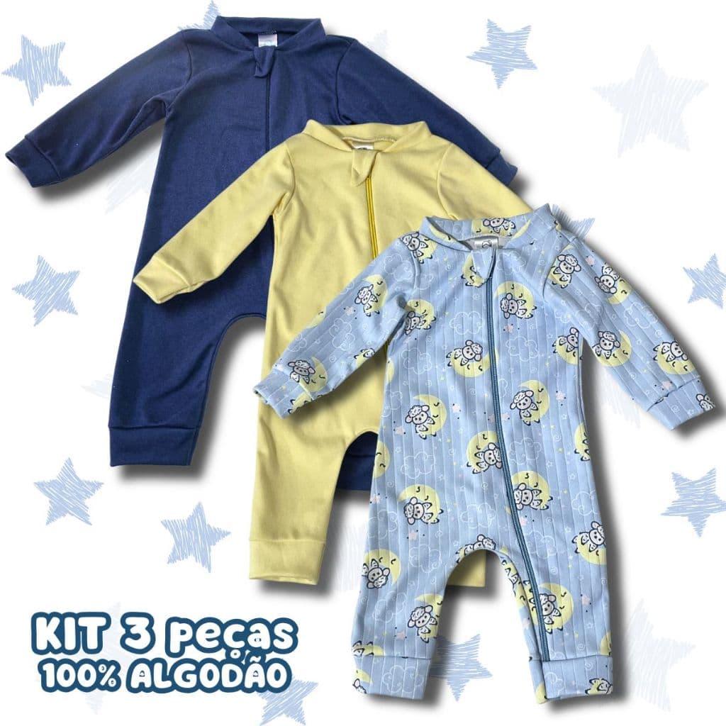 Kit 3 Macacão Longo Bebê Menino Suedine Estampado Com Zíper 100% Algodão