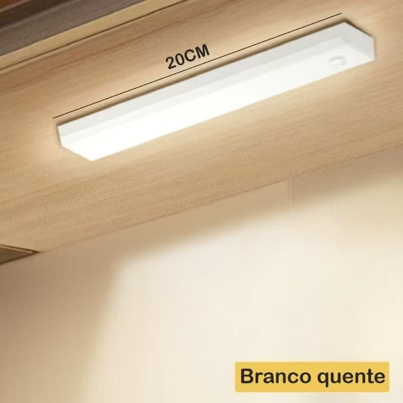 Luz de Armário LED 20cm com Sensor de Movimento, Recarregável USB, Branco Frio, Magnética Sem Fio para Cozinha, Closet e