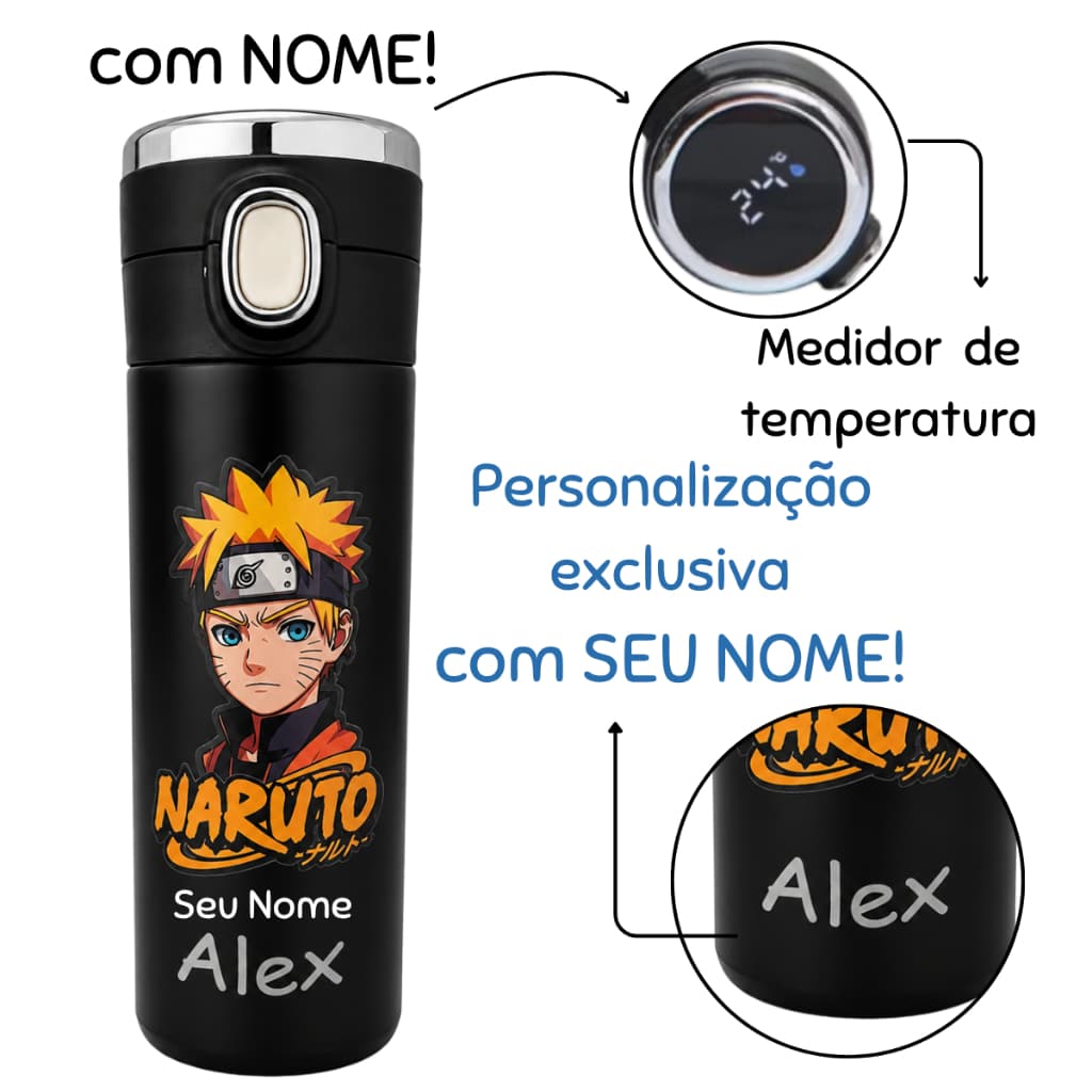 Garrafa NARUTO Térmica Inox  Com NOME Termômetro Digita Led e Trava de Segurança Personalizada Adulto Infantil escolar