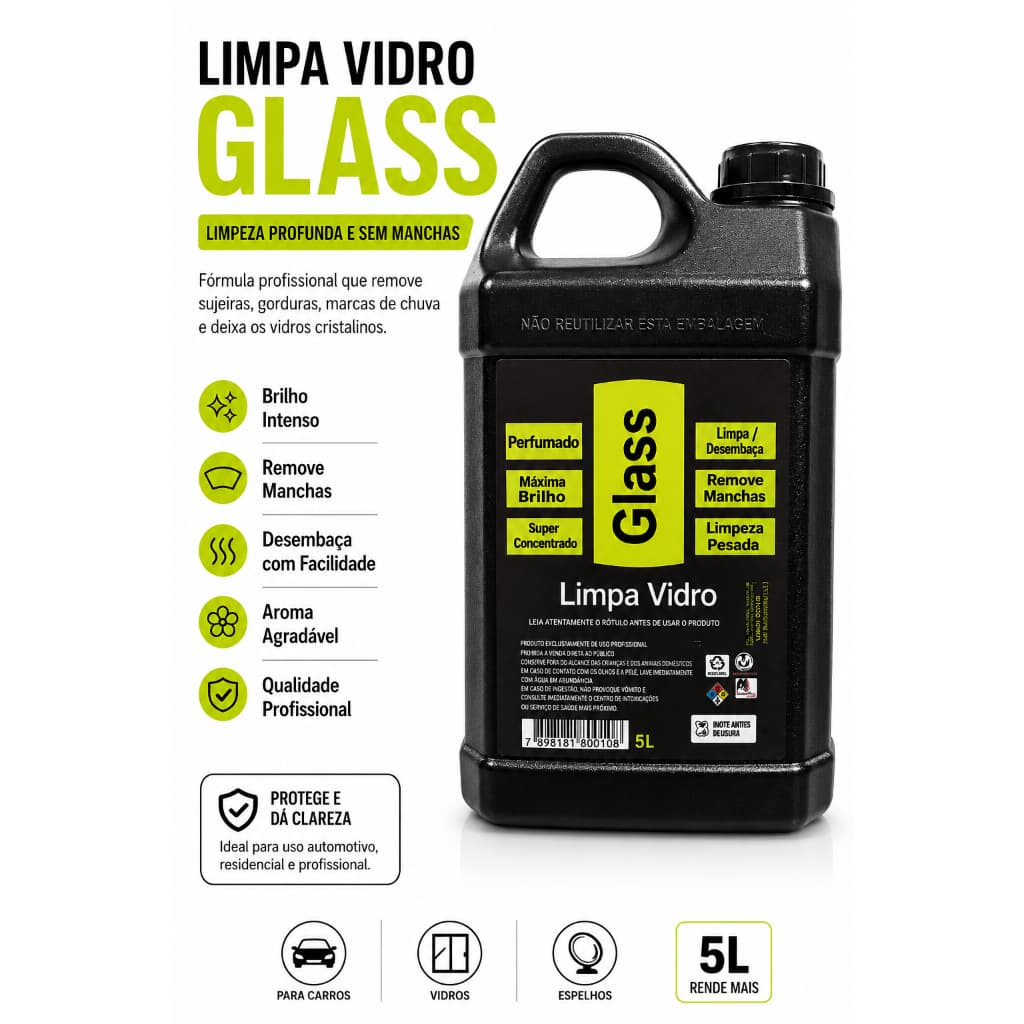 Limpa Vidros Glass 5L Concentrado Automotivo Residencial Remove Manchas e Desembaça