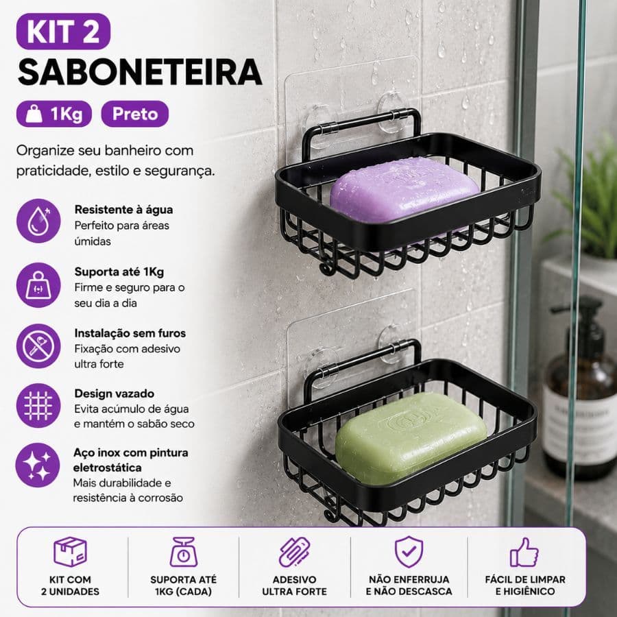 Kit 2 Saboneteira de Parede Saboneteira de Banheiro Adesiva Com Ganchos