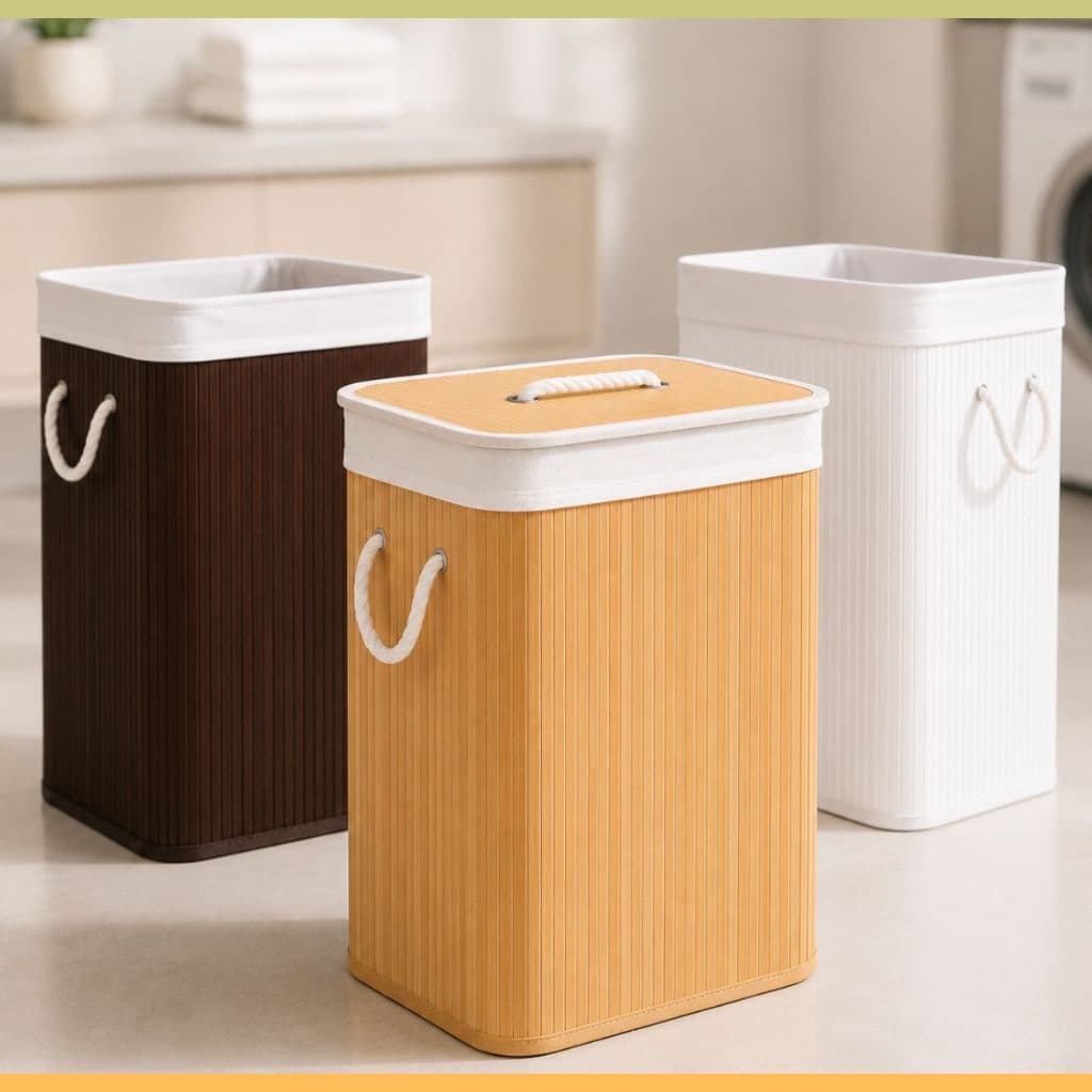 Cesto De Roupa Suja Bambu 70L Grande Tampa Forrado Alças Dobrável Organizador Banheiro Lavanderia