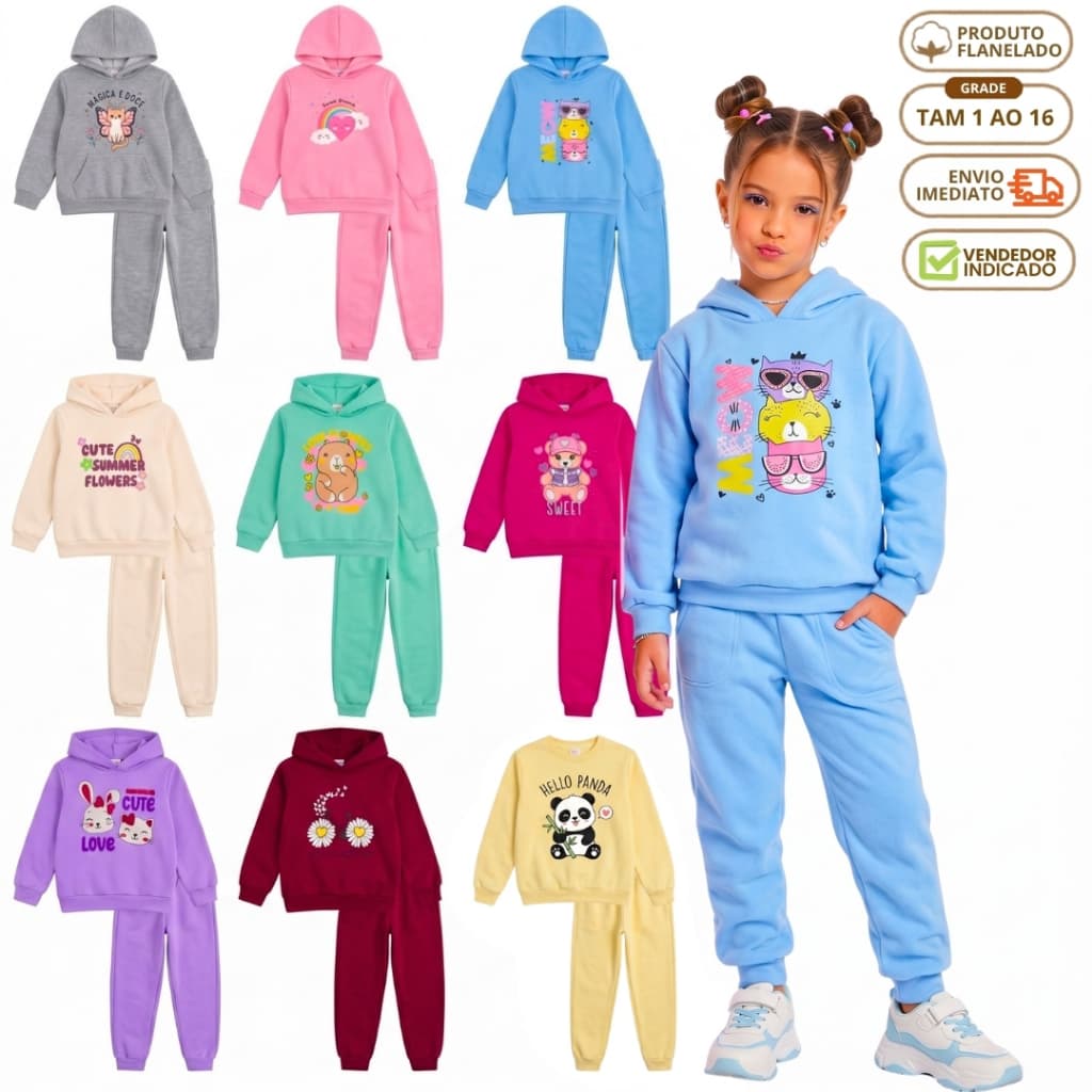 Kit 4 Peças Conjunto de Moletom Infantil Menina Inverno 2 Blusa  2 Calça Flanelada Forrada 1 ao 16