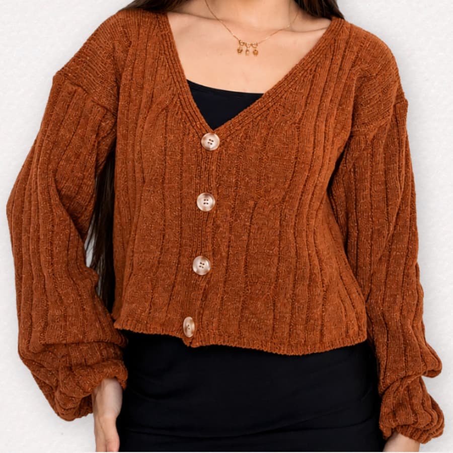 Casaco Tricot Botão Manga Longa Bufante Inverno Elegante Confortável Moda Tendência Outono Inverno