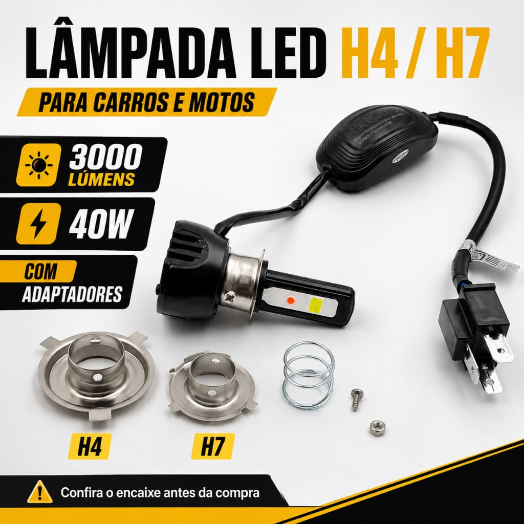 Lâmpada Led Farol Moto Carro H4 H7 3000 Lumens Luz Forte Com Adaptador