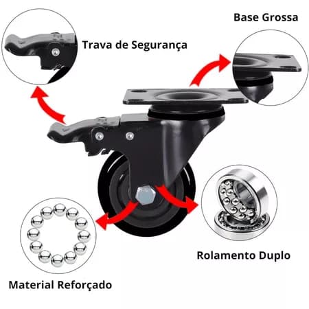Kit 4 Rodinhas para Móveis Pesados Rodízio Giratório Rodas Giratórias Borracha Com Trava Freio 400kg luminax LUM3