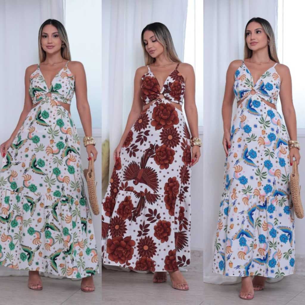 Vestido Longo Femenino Crepinho Estampado Tropical con Recorte na Cintura e Frontal Bojo Alça Fina
