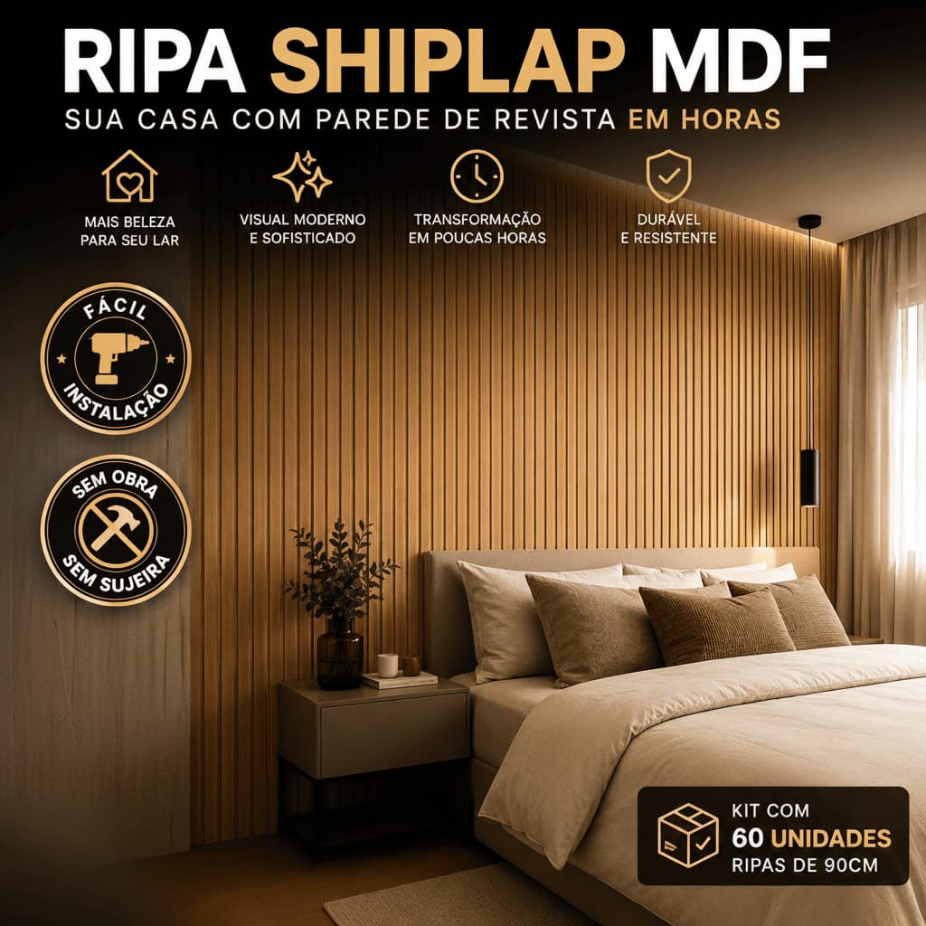 Kit Painel Ripado MDF 60un 90cm Parede Decorativa Sala Quarto Cabeceira Sem Obra Fácil Instalar
