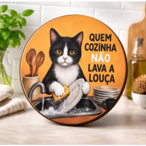 Placa decorativa Gato Quem cozinha não Lava a Louça - Quadro Gato