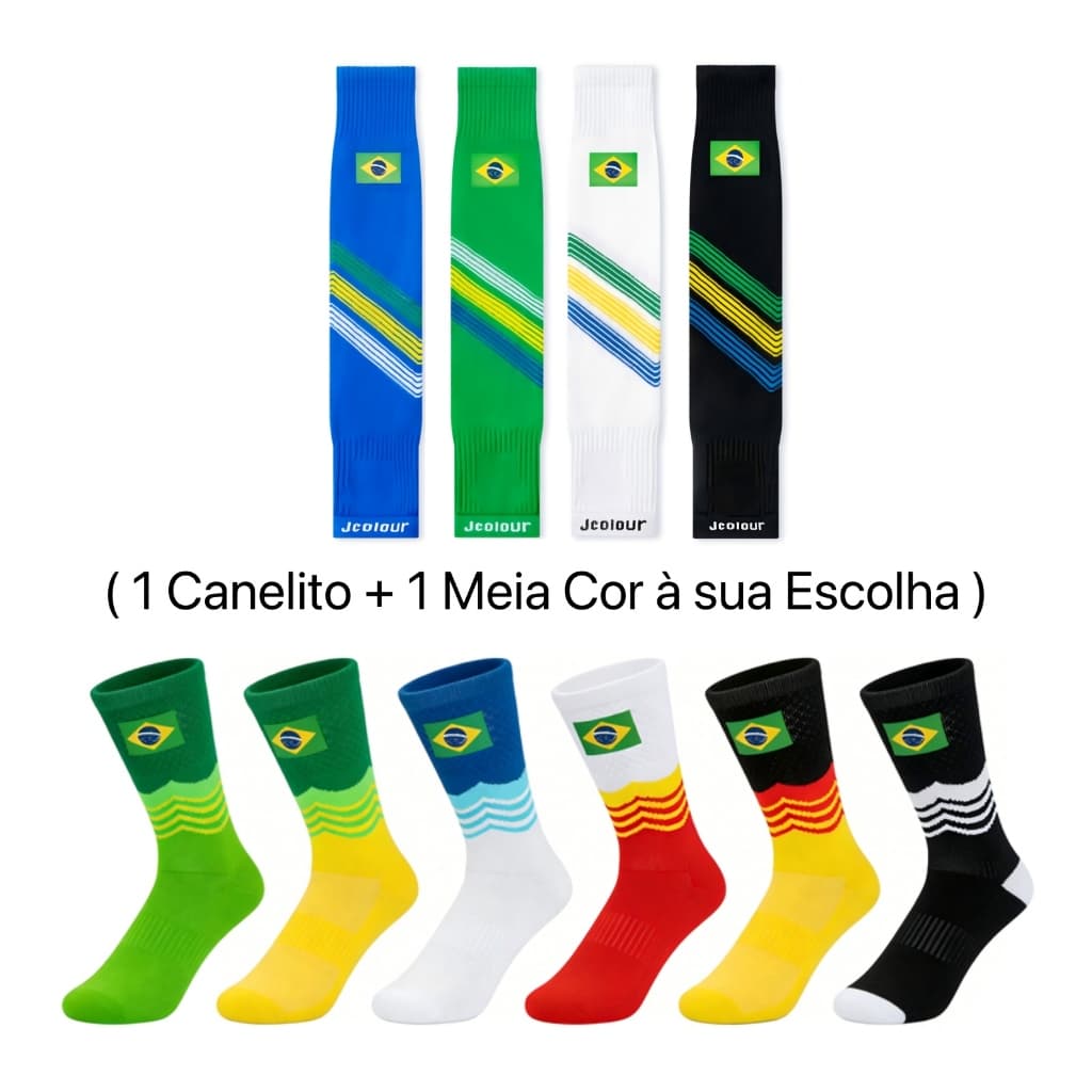 Kit Meias Brasil masculinas com CANELITO + meias de futebol antiderrapantes Copa Futebol Torcedor
