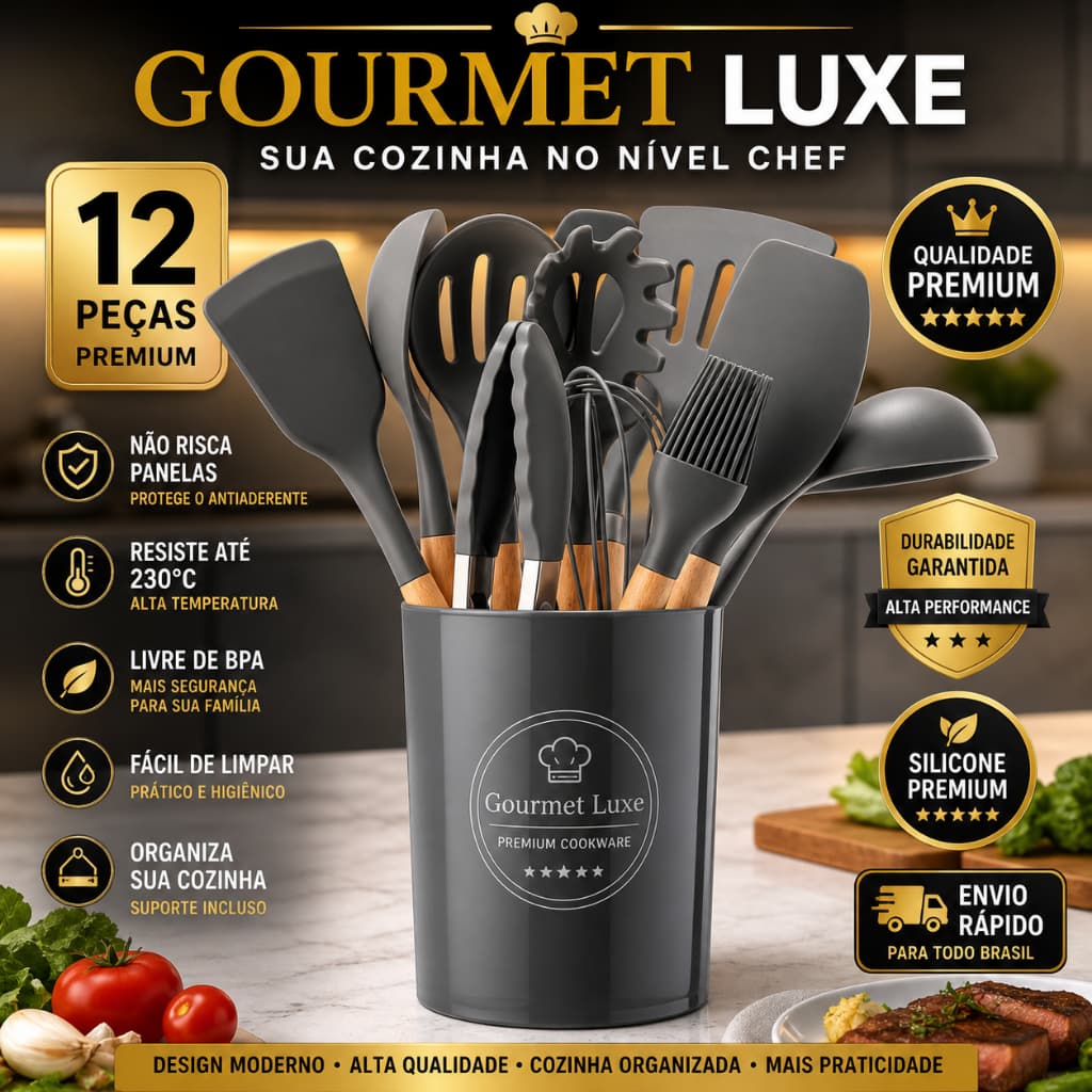 CINZA - Conjunto de Utensílios de Cozinha 12 Peças - Silicone e Cabo de Madeira