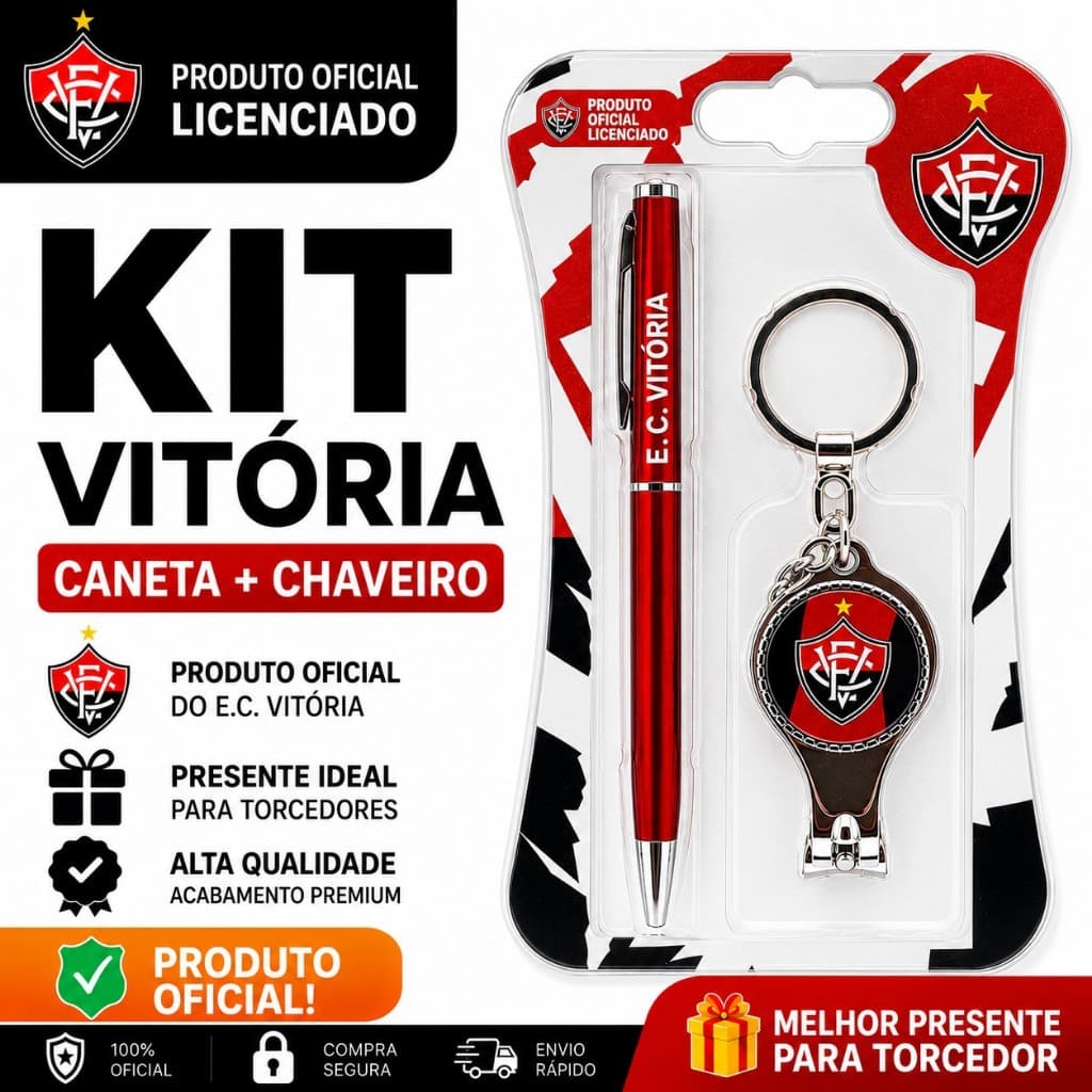 Kit Vitória Caneta + Chaveiro Cortador Multiuso Oficial Original Presente Premium Torcedor Futebol