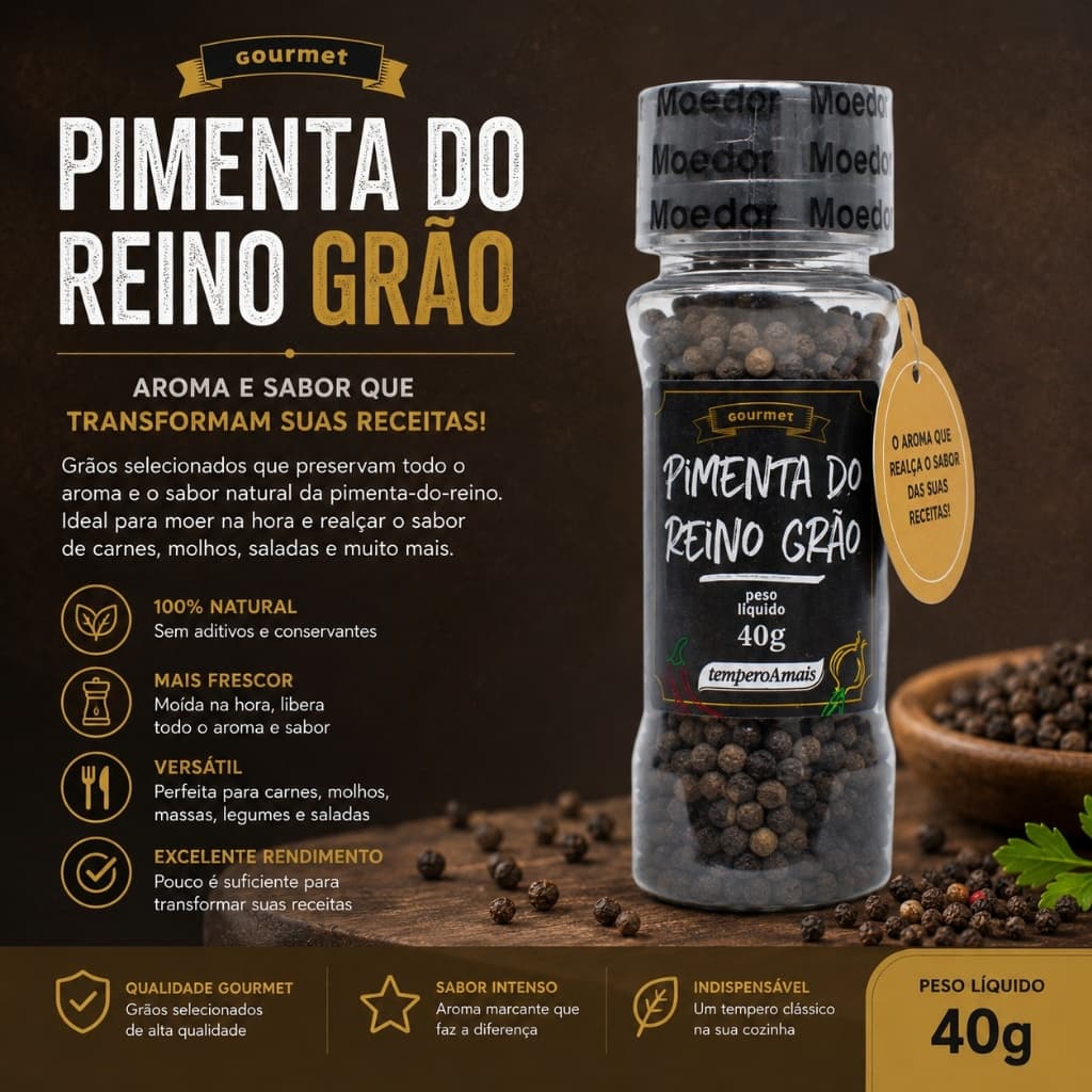 Pimentas Do Reino Grão 40g Com moedor Sabor e Qualidade Tempero A mais