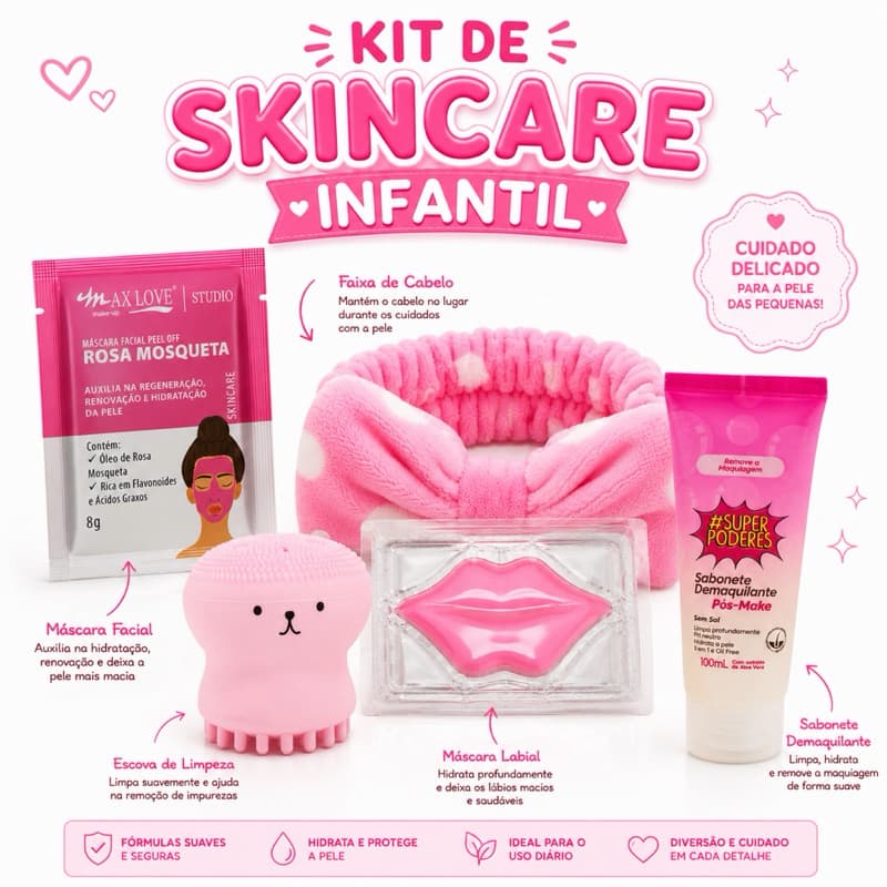Kit Infantil de Autocuidado Skincare Rosa Limpeza Hidratação e Cuidados Faciais