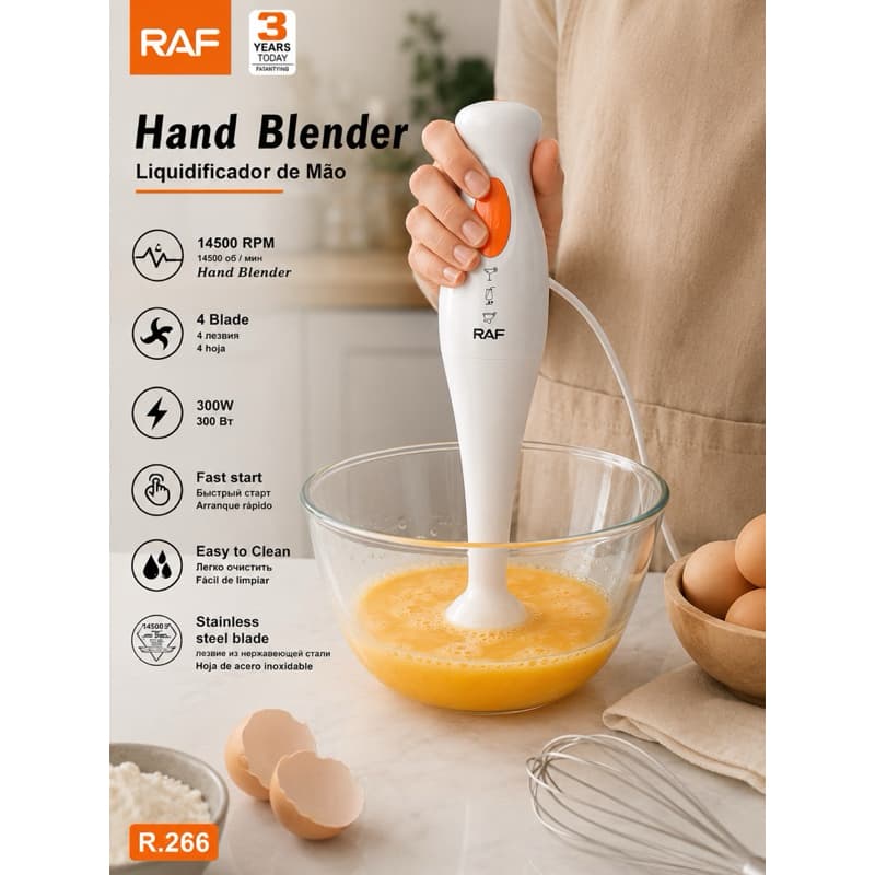 Mixer Liquidificador de Mão RAF R.266 300W Portátil Mixer Elétrico 110/220vBatedor de Ovos e Cremes 4 Lâminas Inox