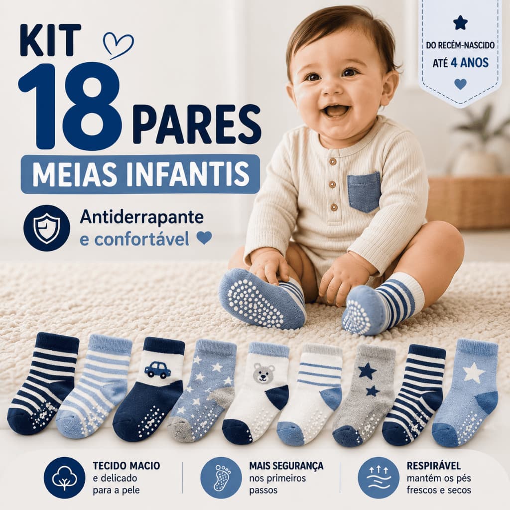 Kit até 18 Pares Meias Bebê Menino Antiderrapantes Algodão Confortáveis 0–24 Meses Recém Nascido