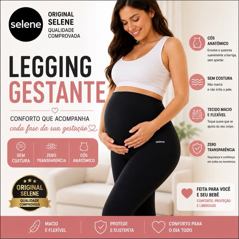 Calça Legging Gestante Selene Original Zero Transparecia Cós Anatômico Conforto Gravidez