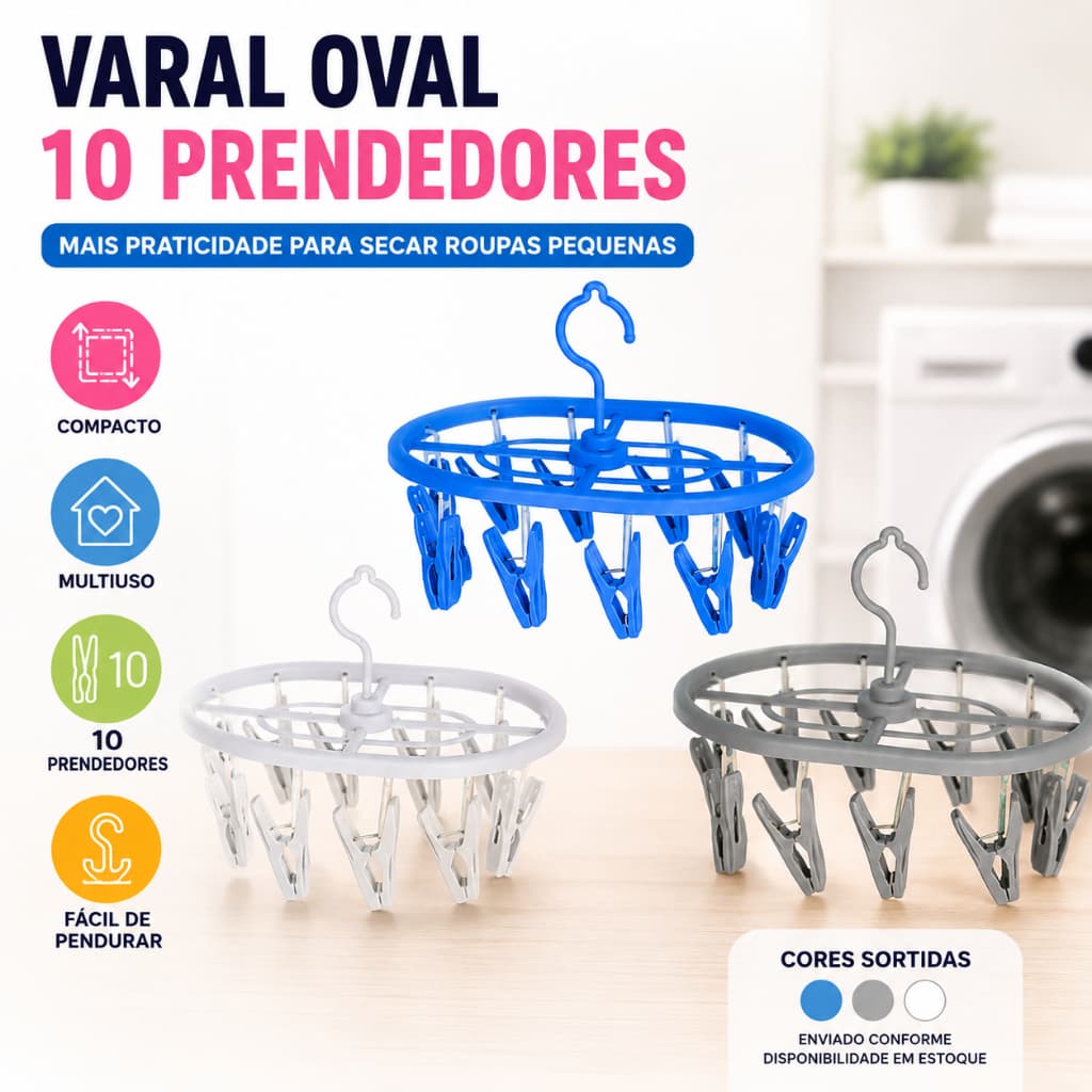 Varal Oval Com 10 Prendedores Plástico Multiuso Sortido