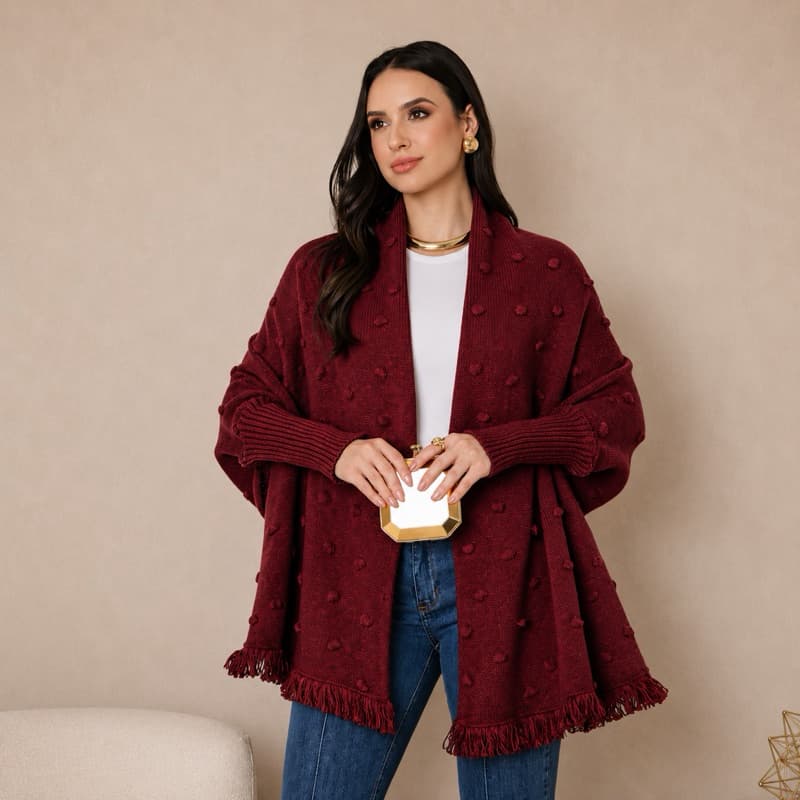 Capa Poncho Tricot Feminino Inverno Moda Tendência Elegante Xale com Franjas Boho Chic Plus Size