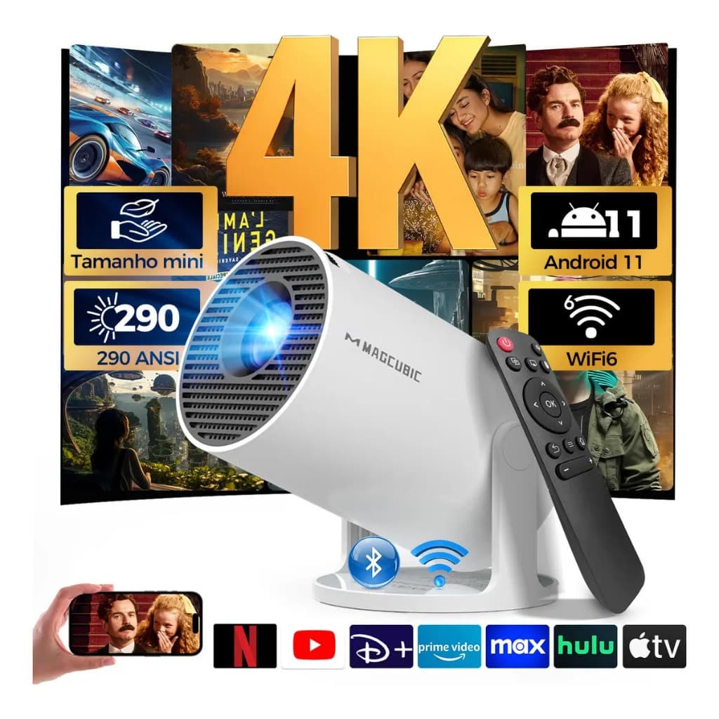 Projetor HY300 Smart 4K Android WiFi Cinema Portátil 150 Polegadas Celular, Tv BOX, Xbox, PlayStation, notebook 110/220