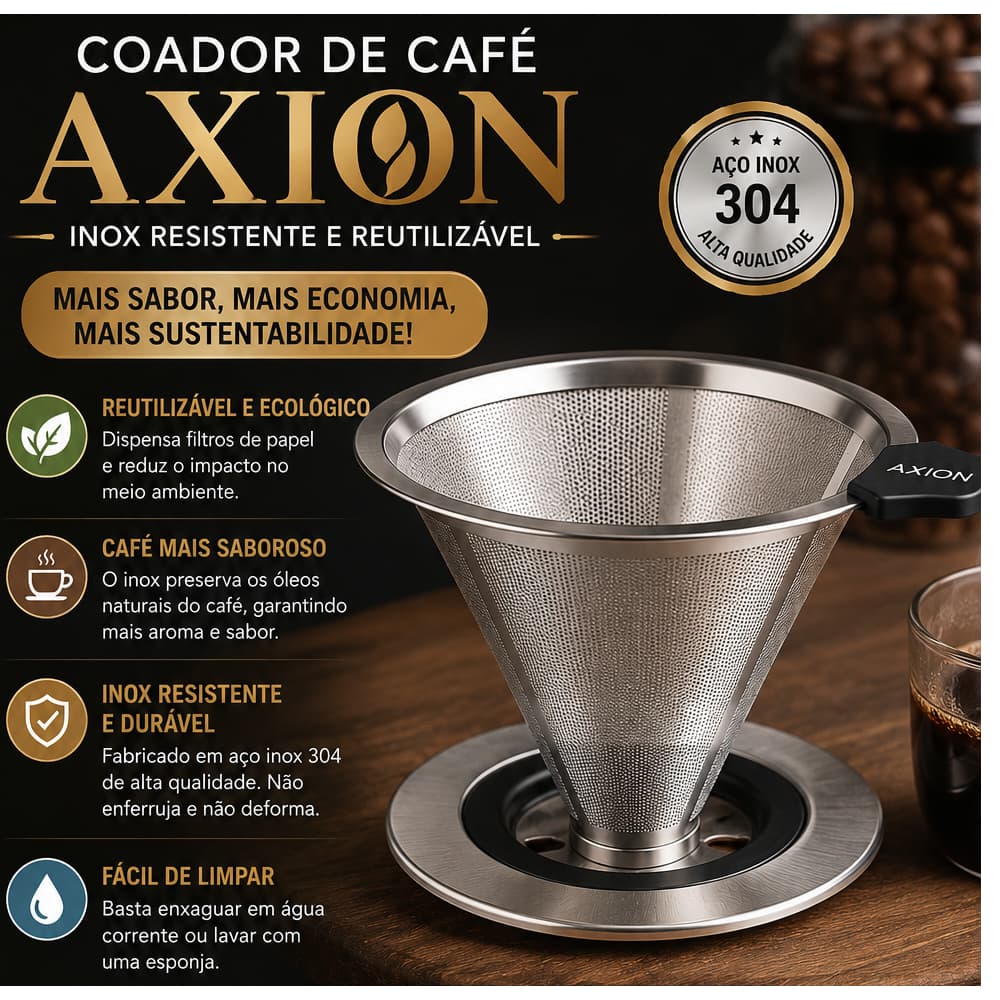 Coador de café Axion de inox resistente e reutilizável
