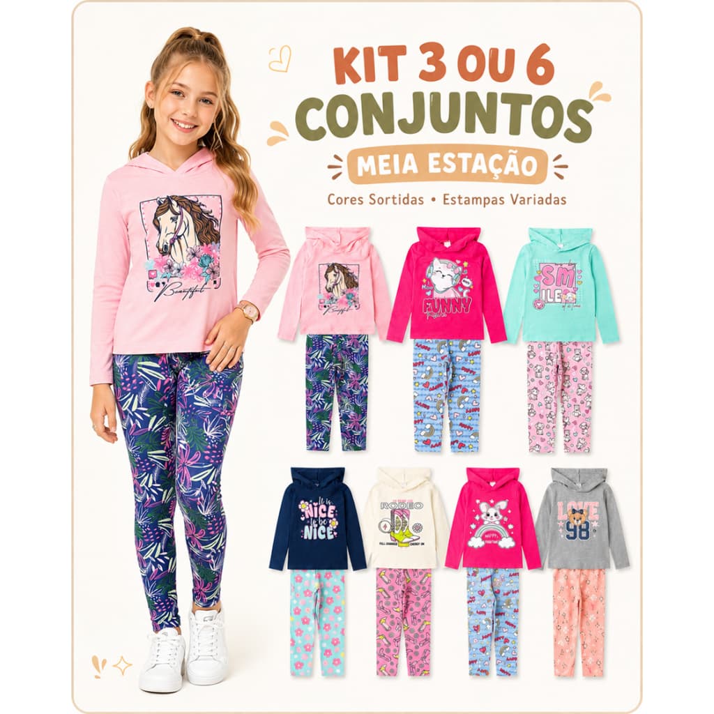 Kit 6 ou 12 Peças (3 ou 6 conjuntos) Infantil Juvenil Meia Estação Menina Manga Longa com Capuz