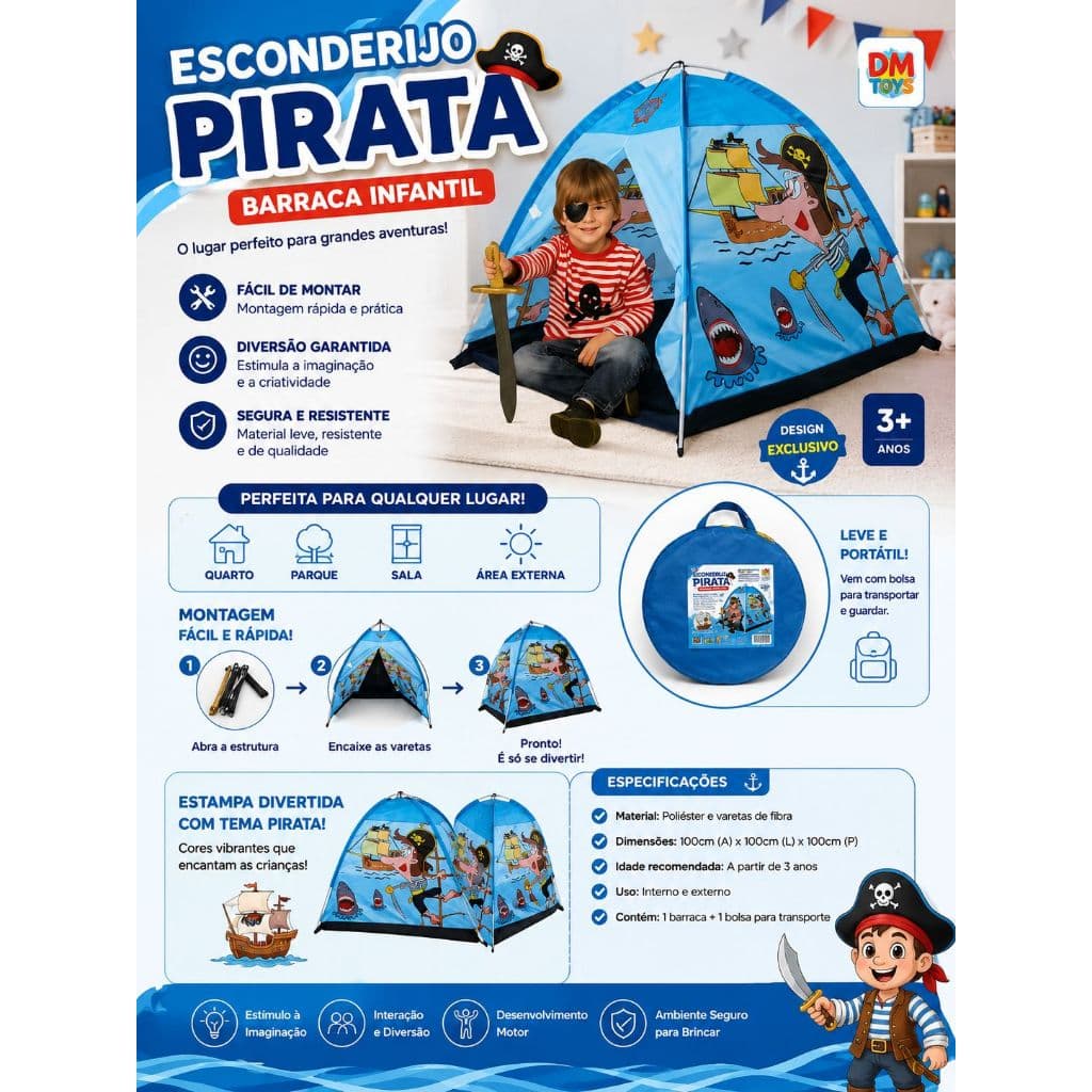 Barraca Esconderijo Pirata Infantil Meninos Toca Dobravel Tenda Dm Toys DMT5655