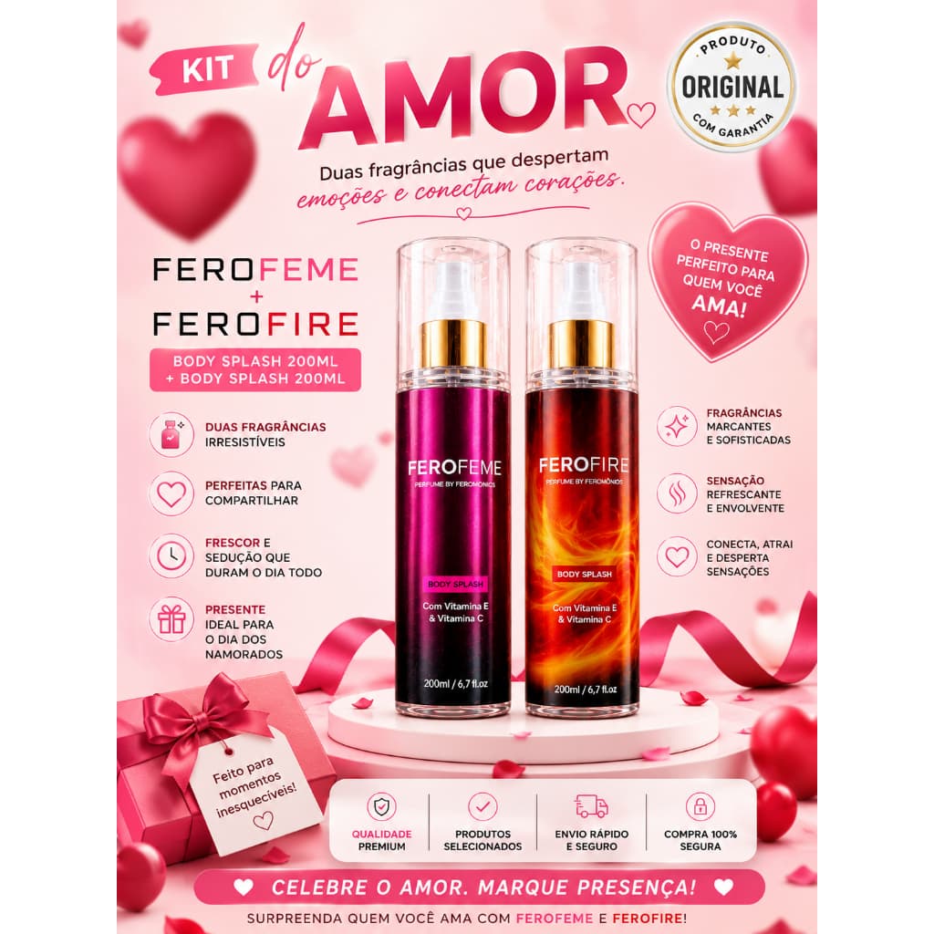 Kit do amor body splash Ferofeme 200ml +  body splash Ferofire 200ml os unicos com feromonios no Brasil