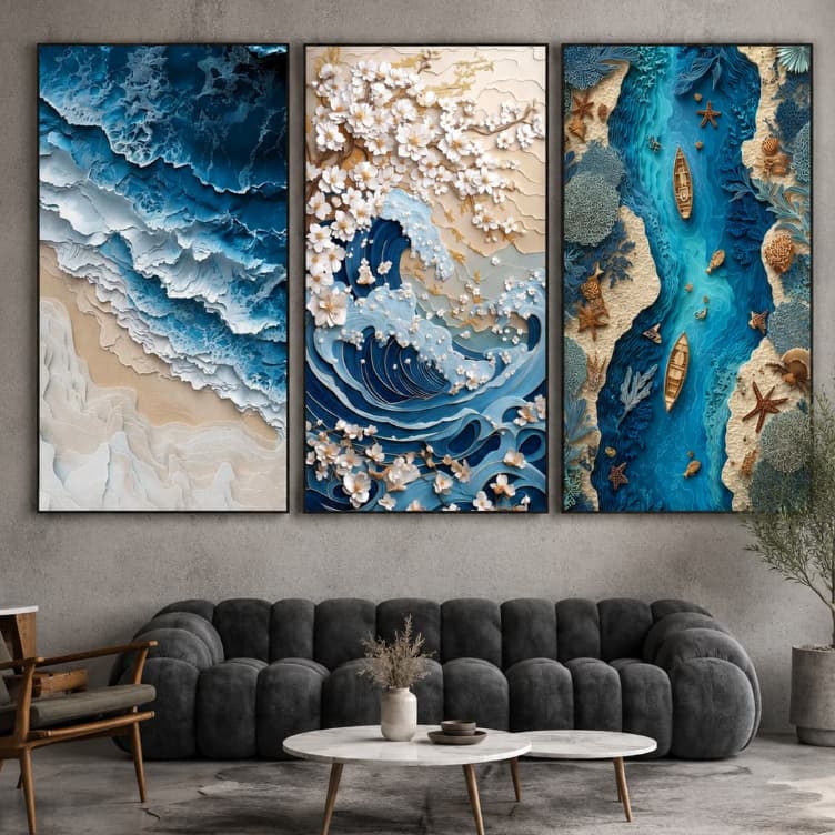 Kit 3 Quadros Decorativos Abstrato 3d Oceano Azul Sala Luxo Quarto Copa Salão Clean Gold