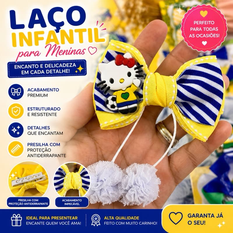 Laço Infantil Hello Kit Torcedora Amarelo e Azul Copa do Mundo para Menina Laço do Brasil com PomPom e Presilha