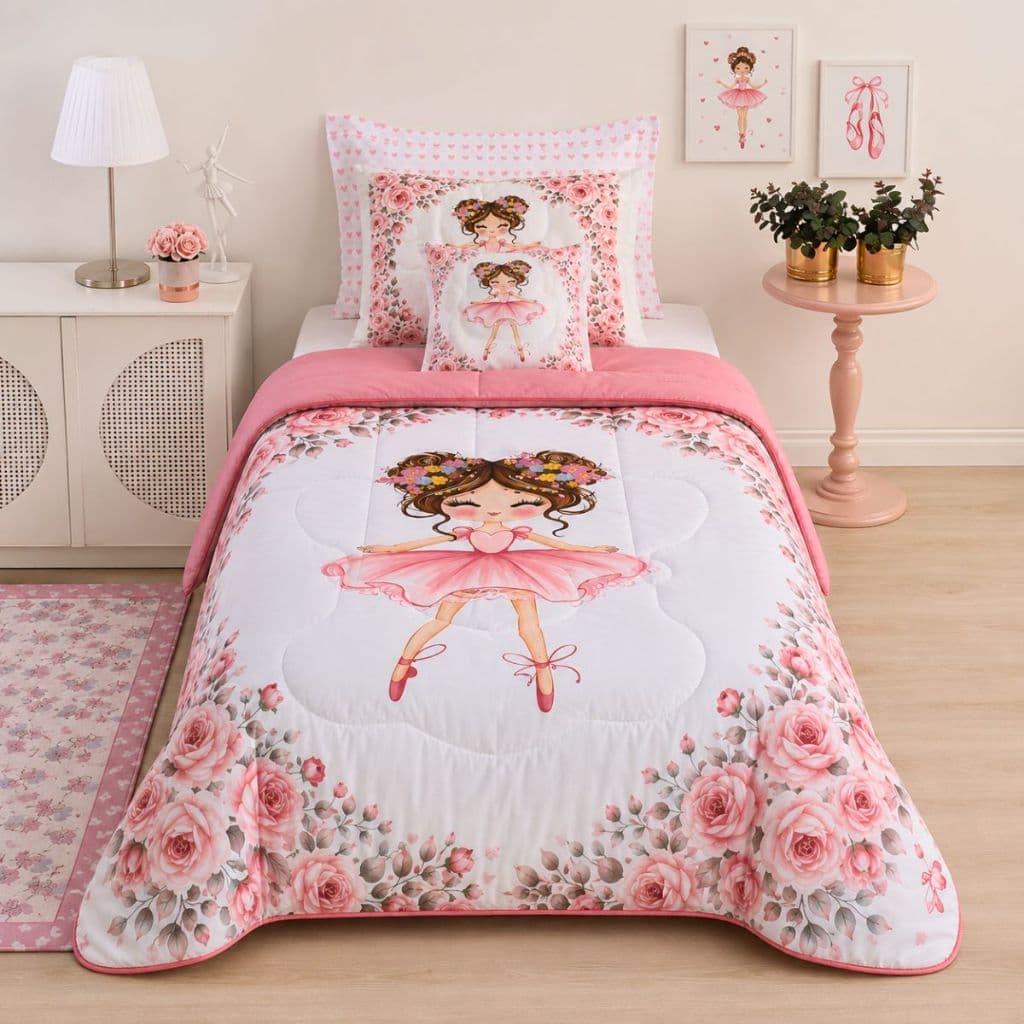 Edredom Sublimado Bailarina Kit Fronha Capa de Almofada Menina Quarto Infantil Solteiro Lavável Fofo