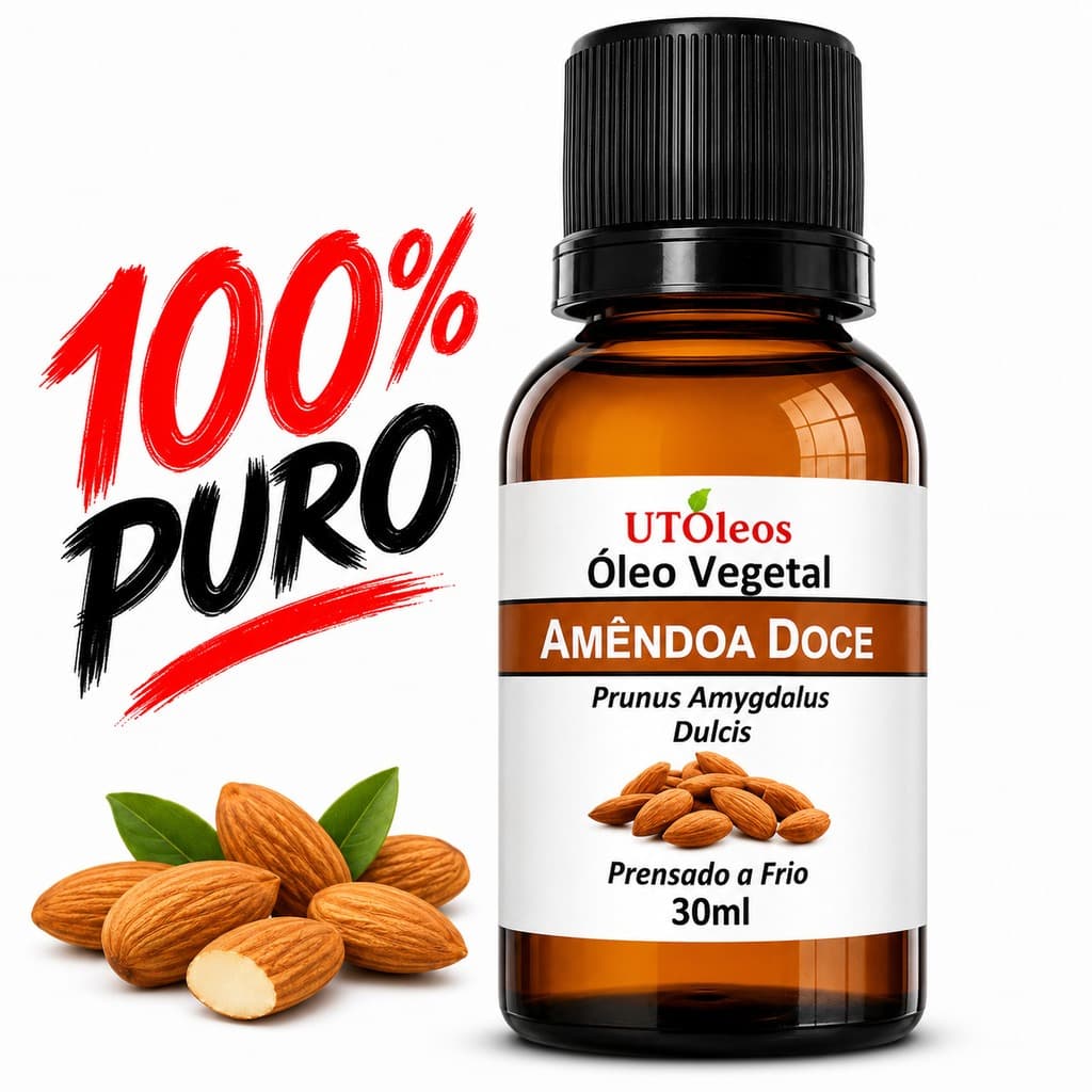 Óleo Vegetal Amêndoas Doce 30ml Puro Vegano Prensado a Frio Pele Cabelos Massagem Natural