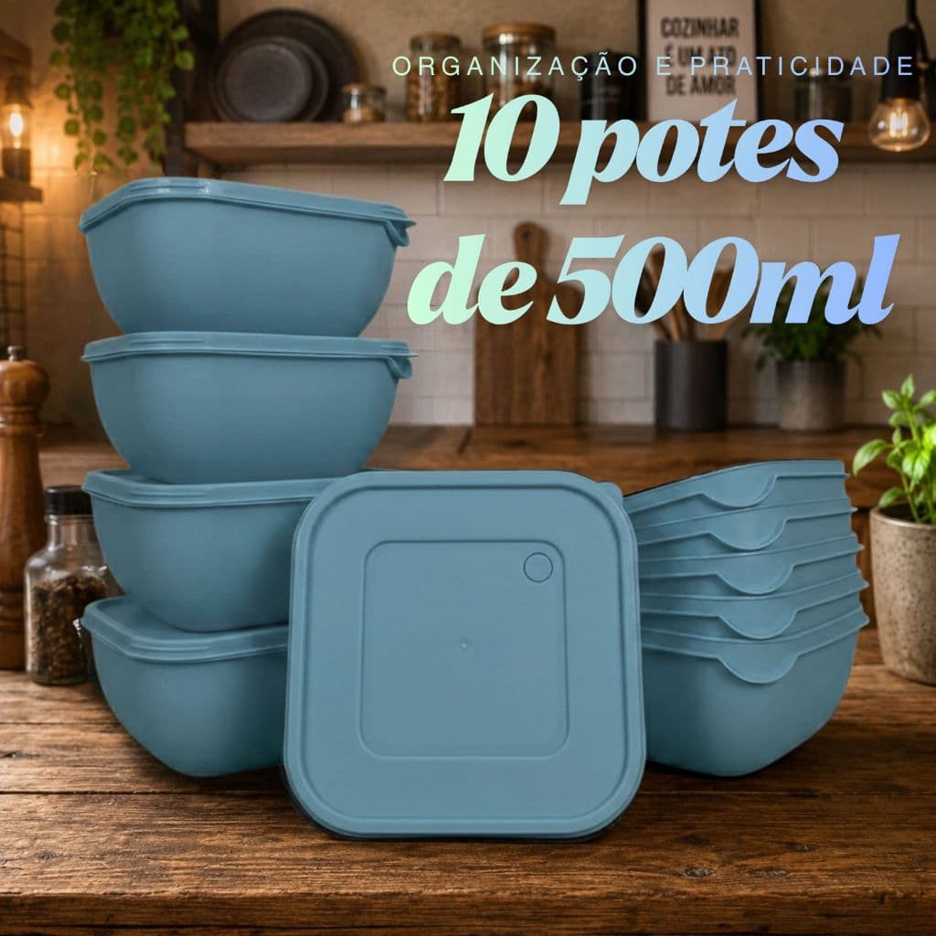 Kit 10 Potes Quadrados 500ml Herméticos de Plástico com Tampa – Empilháveis e Resistentes